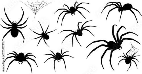 set of black spiders silhouette vector on white background