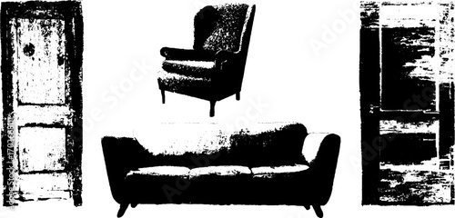 Black ink silhouette set featuring vintage furniture and doors for horror themed design