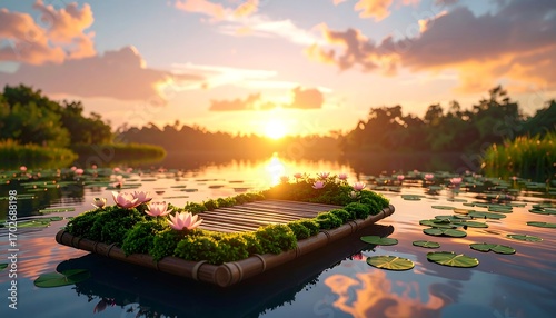 Floating Platform with Lotus Flowers at Peaceful Sunset Lake