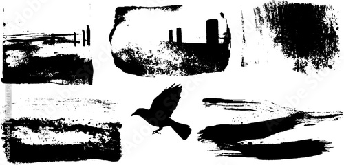 Black ink silhouette set featuring cinema, horror, and bridge scenes