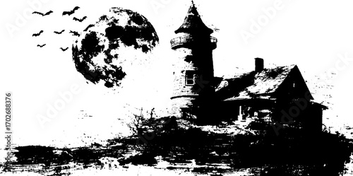 Spooky castle silhouette with full moon and bats for halloween design