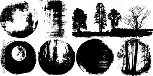 Black ink silhouette set featuring forest and horror elements for design and print