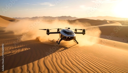 Flying Drone in Desert Landscape with Dust Kicking Up From Landing at Sunset