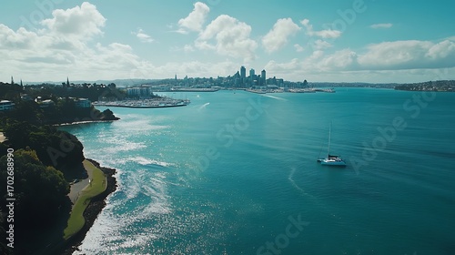 Stunning Auckland harbour with yachts and city skyline in distance picture