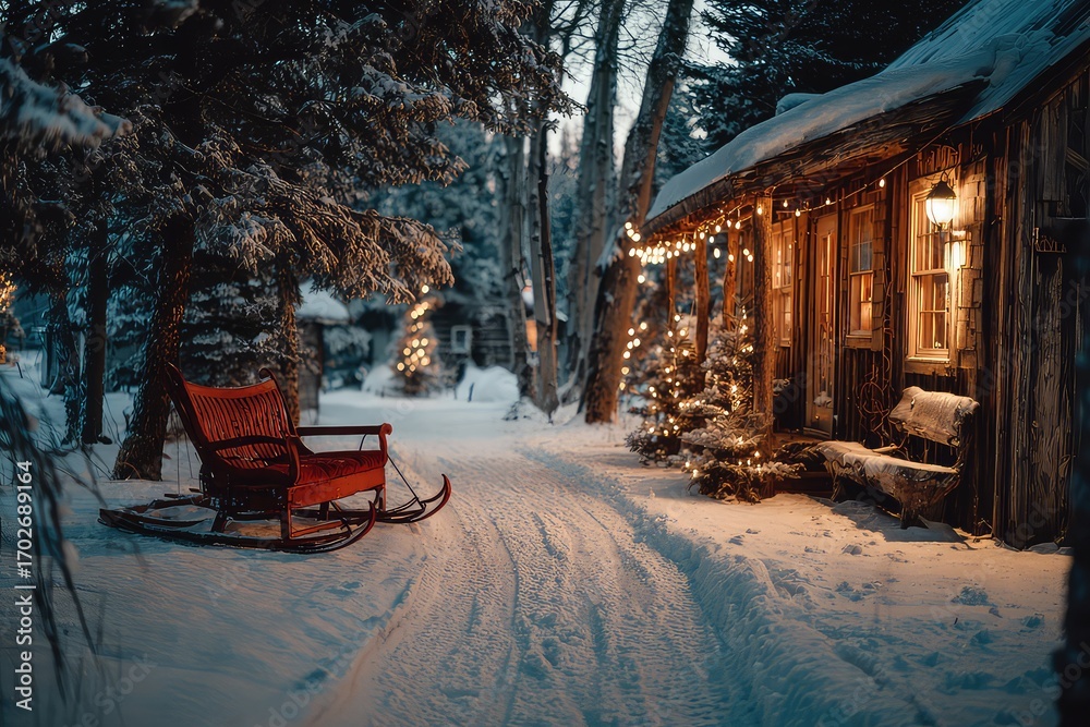 Naklejka premium Santa's sleigh parked out side a cozy cabin
