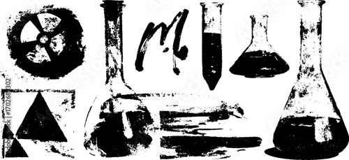 Black ink silhouette set featuring horror cinema laboratory elements for creative design