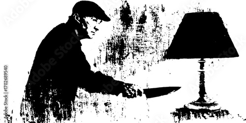 Mysterious silhouette in cinema horror scene with knife and lamp