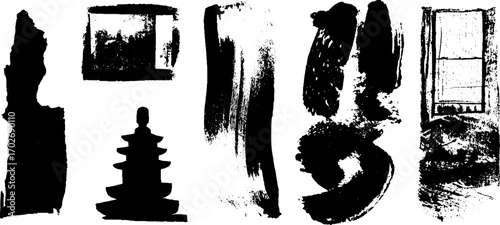 Black ink silhouette set with cinema noir theme and urban hotel scenery for art design