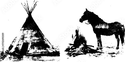 Black ink silhouette of western cinema scene with horse, campfire, and teepee for rustic design