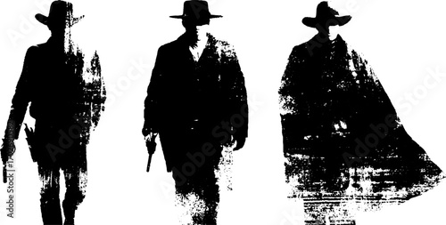 Cinema western duel silhouette collection: grunge ink cowboy illustrations