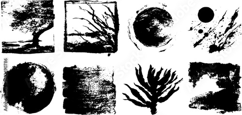 Black ink silhouette set: western night skies and abstract cinema themes