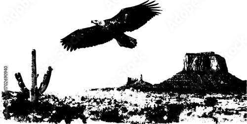 Western cinema scene silhouettes with eagle and desert landscape for design