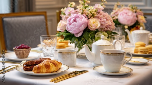Wallpaper Mural Elegant breakfast table setting featuring pastries, floral arrangements, and tea service in a luxurious dining room Torontodigital.ca