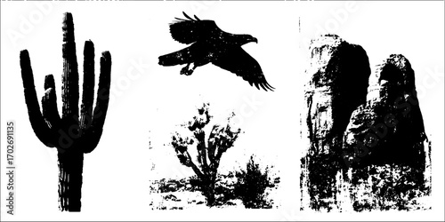 Black ink silhouette set of western prairie scenes with cactus, eagle, and rocks