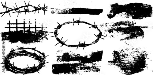 Urban grunge art with barbed wire and ink silhouette elements for design