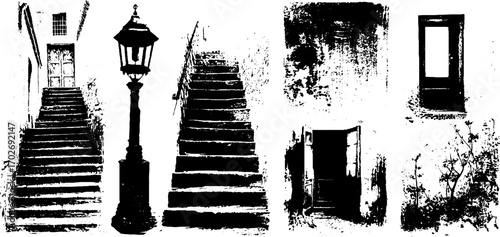 Black ink silhouette set of urban city landscapes with staircases and doorways