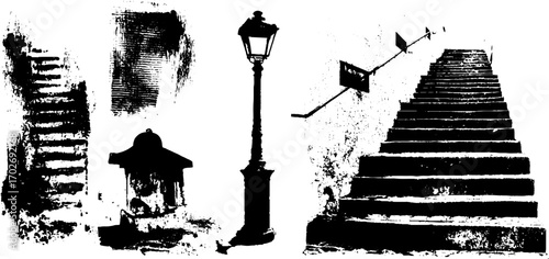 Black ink silhouette urban cityscape featuring stairs and lamp post elements for artistic design
