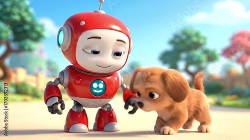 Friendly robot and adorable puppy sharing a tender moment in a sunny, playful scene