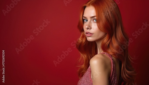 Elegant woman with long red curly hair against red background. Seductive look. Glossy wavy hairstyle, glamour make-up. Beauty, fashion, hair care, wellness, stylish coiffure and pro colouring concept.