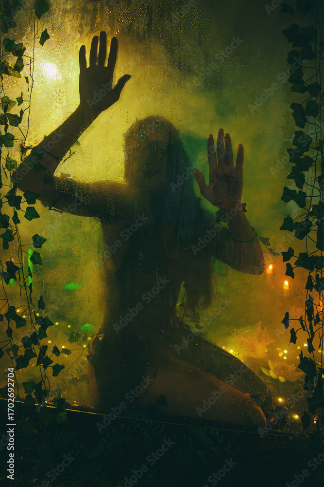 Fototapeta premium caught mermaid in aquarium fantasy woman ghost dark silhouette through wet glass with water drops flow dawn black night. close up hands touching fogged up glass. horror creepy gothic girl fairy elf