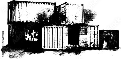 Black ink silhouette of shipping containers set for urban art designs