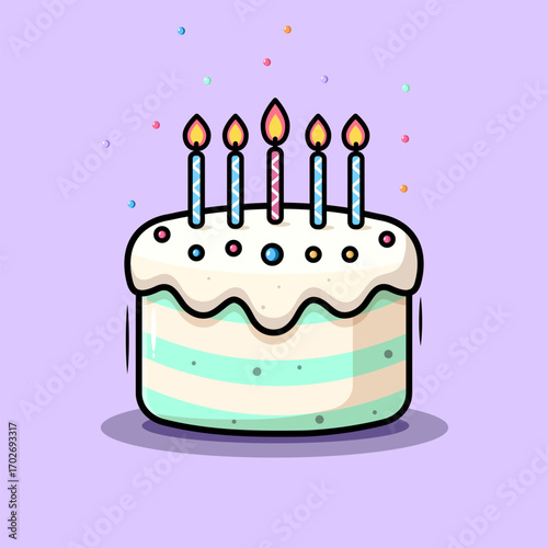 Birthday Cake Cartoon Cake With Candles And Dripping Cream On Purple Background Vector Illustration