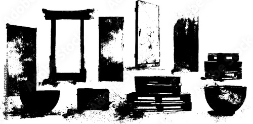 Black ink silhouette of shipping containers and various objects for urban grunge design