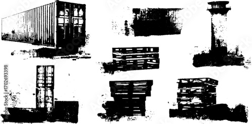 Black ink silhouette of shipping containers and freight structures for industrial design