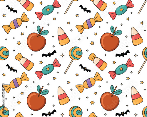 Seamless halloween pattern with candy apples candy corn and bats