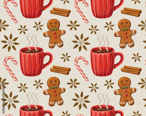 Cozy christmas pattern with gingerbread cookies and hot chocolate mugs