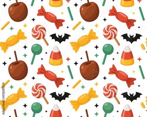 Seamless halloween pattern with candy apples lollipops candy corn and bats