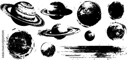 Celestial ink silhouettes: planets and comets for cosmic art and design projects