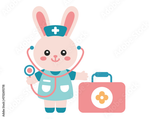 Cute cartoon bunny nurse with stethoscope and medical bag