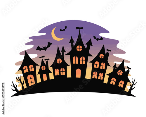 Spooky halloween haunted houses under a purple moonlit sky with bats
