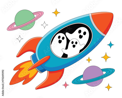 Cute cartoon ghosts flying in a rocket ship through outer space