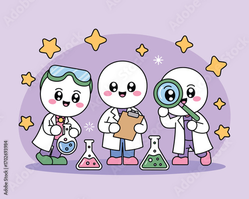 Cute cartoon scientists in lab coats with beakers and magnifying glass