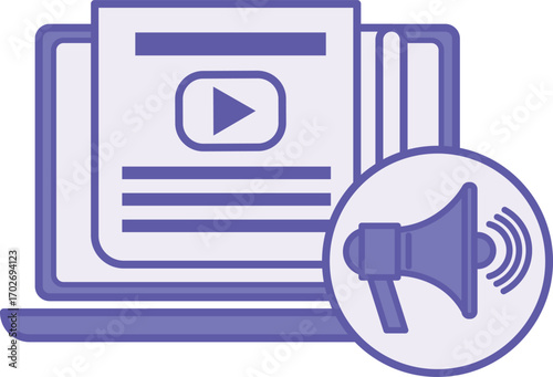 Colored Content Marketing Icon. Vector Illustration. Laptop, Content with Video and Megaphone. Brand Promotion Tool. Digital Marketing Concept