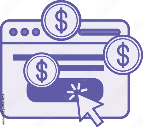 Colored Pay Per Click Icon. Vector Illustration. Application, Dollar Coins, And Mouse Cursor. Online Advertising Pay Button. Digital Marketing Concept