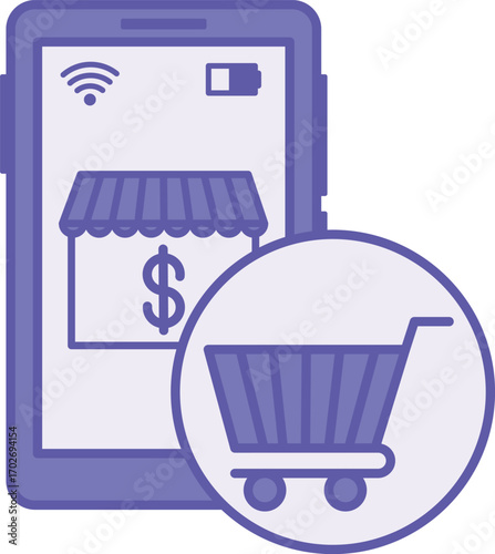 Colored Online Shop Icon. Vector Illustration. Mobile Phone, Store, and Shopping Cart. Website or App for Online Shopping. Digital Marketing Concept