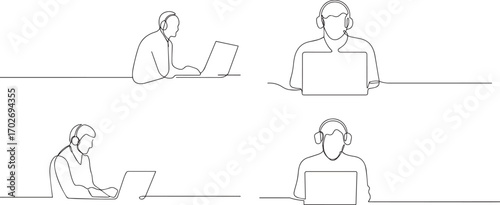 Set of man working on laptop one continuous line art, Vector illustration, One line art, Line art graphic style