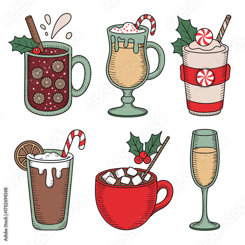 Christmas drinks and festive beverages in hand drawn style