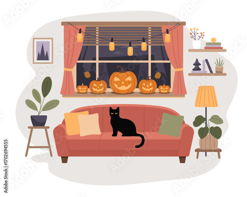 Cozy halloween living room with black cat and jack o lanterns
