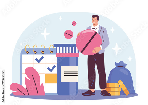 Man in suit holding a large pill next to a medicine bottle, calendar, and coins in a flat graphic style on a light background. Concept of medication schedule. Vector illustration