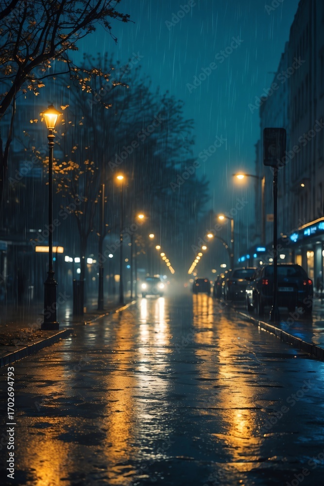 Fototapeta premium Rainy Night City Street Warm Lights and Reflections Urban Scene
