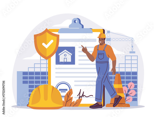 Builder in uniform and helmet walking near safety shield, contract, and construction site on white background. Concept of work site insurance. Vector illustration