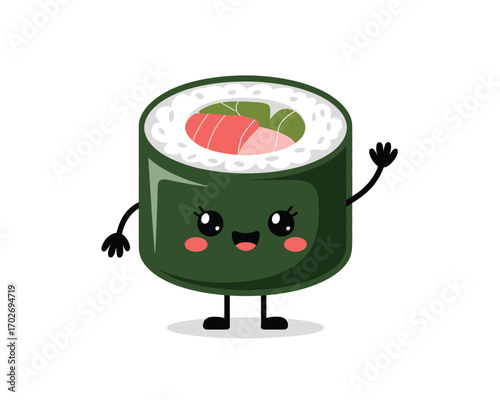 Cute kawaii sushi roll character waving hello with a happy face