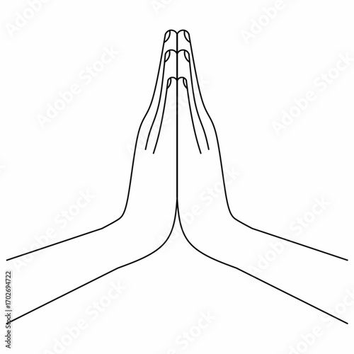 Minimalist line art of two hands in prayer gesture namaste symbol, outline drawing for meditation, yoga, spirituality, religion, gratitude and mindfulness design.