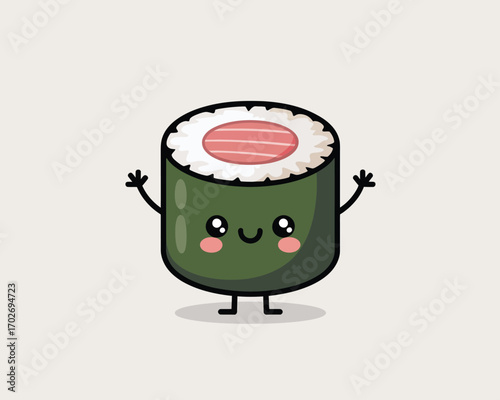 Cute cartoon sushi roll character with happy expression and raised arms