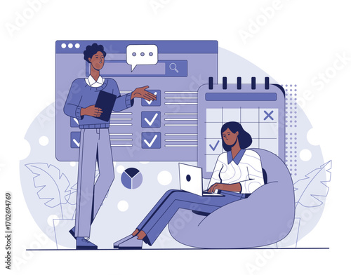Two coworkers collaborate on planning tasks, with one standing and presenting while the other works on a laptop, modern flat style, on a white background. Concept of teamwork. Vector illustration