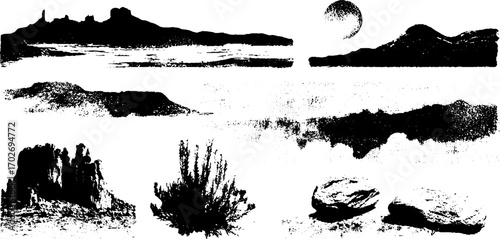 Black ink silhouette set of desert landscapes with dunes and mountains for artistic design